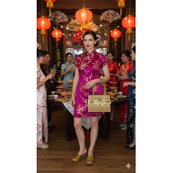 Čínské saténové šaty Qipao – fuchsiové se zlatým brokátem