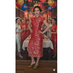 Červené čínské šaty Qipao – brokát se zlatým ornamentem